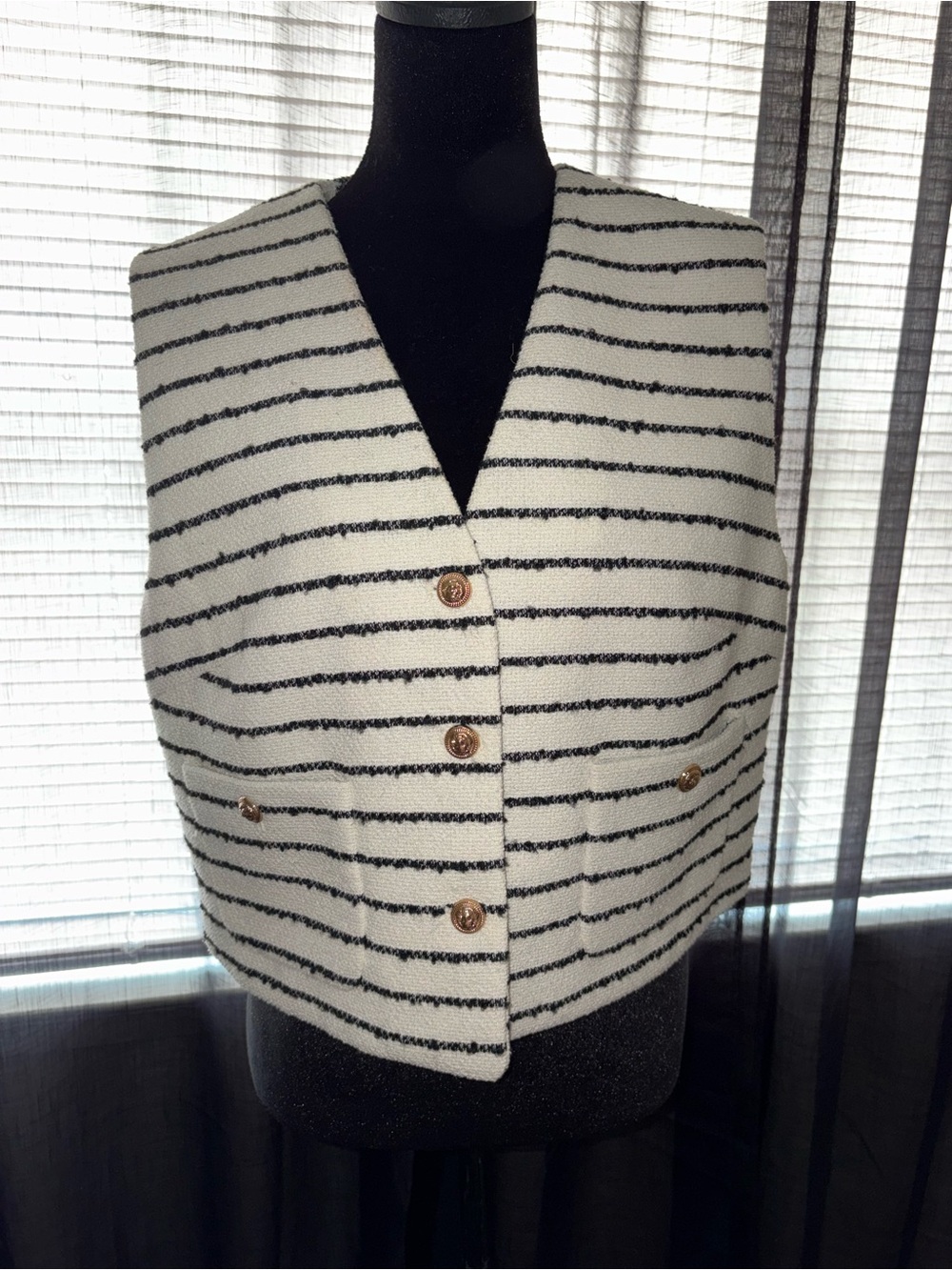 H&M Black and Ivory Striped Sleeveless Button Vest